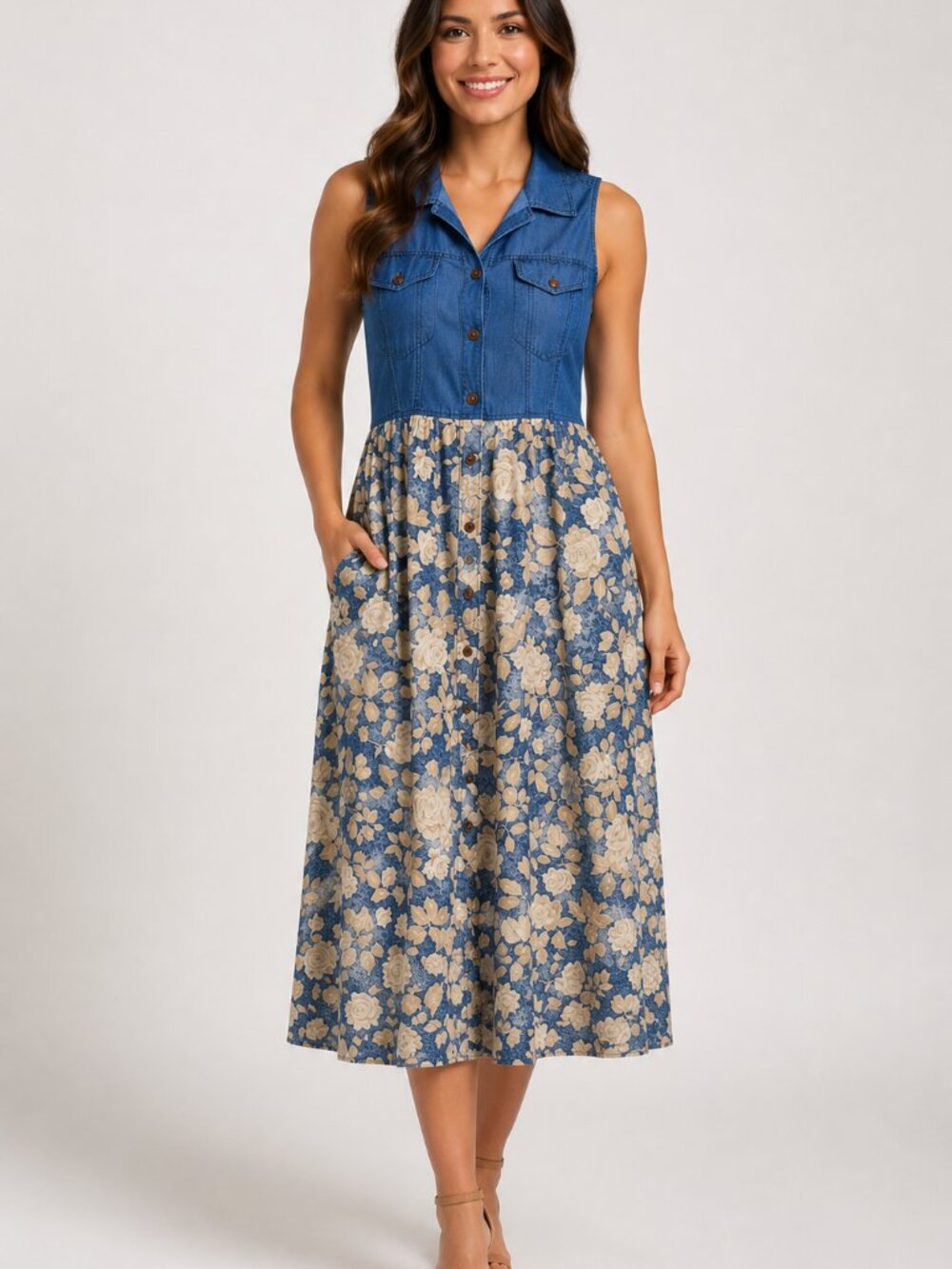 Vintage Y2K Blue Linen Blend Floral Button Front Sleeveless Midi Dress Women's - Picture 1 of 7